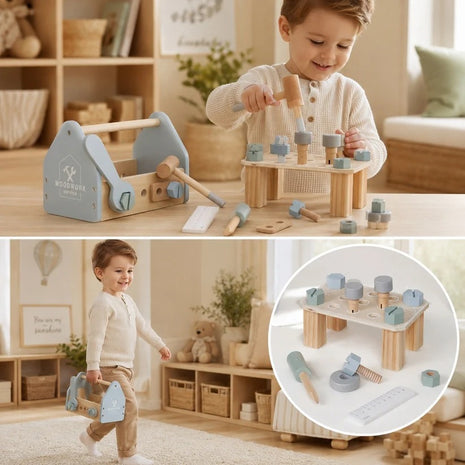 KINDER HOME Dečija drvena kutija za alat, mini radionica sa 22 dela, plava
