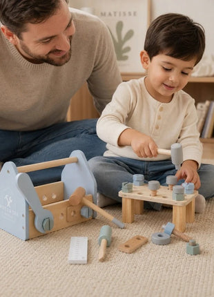 KINDER HOME Dečija drvena kutija za alat, mini radionica sa 22 dela, plava