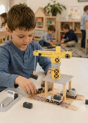Dečiji drveni kran KINDER HOME, set sa vozom, kamionom i brodom
