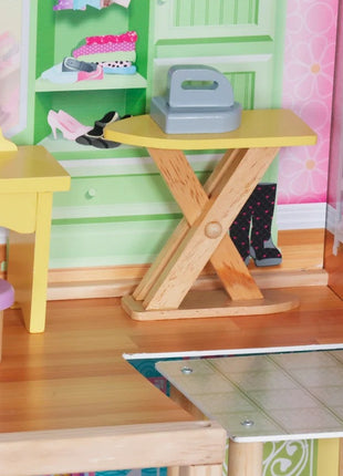Velika drvena kućica za lutke za decu KINDER HOME Grand Villa, 4 sprata, 28 komada nameštaja i dodatne opreme, više nameštanih soba, otvoreni dizajn