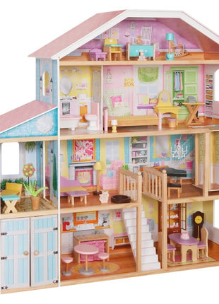 Velika drvena kućica za lutke za decu KINDER HOME Grand Villa, 4 sprata, 28 komada nameštaja i dodatne opreme, više nameštanih soba, otvoreni dizajn