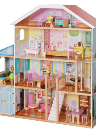 Velika drvena kućica za lutke za decu KINDER HOME Grand Villa, 4 sprata, 28 komada nameštaja i dodatne opreme, više nameštanih soba, otvoreni dizajn