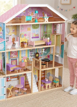 Velika drvena kućica za lutke za decu KINDER HOME Grand Villa, 4 sprata, 28 komada nameštaja i dodatne opreme, više nameštanih soba, otvoreni dizajn