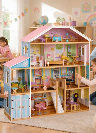 Velika drvena kućica za lutke za decu KINDER HOME Grand Villa, 4 sprata, 28 komada nameštaja i dodatne opreme, više nameštanih soba, otvoreni dizajn