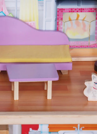Velika drvena kućica za lutke za decu KINDER HOME Grand Villa, 4 sprata, 28 komada nameštaja i dodatne opreme, više nameštanih soba, otvoreni dizajn