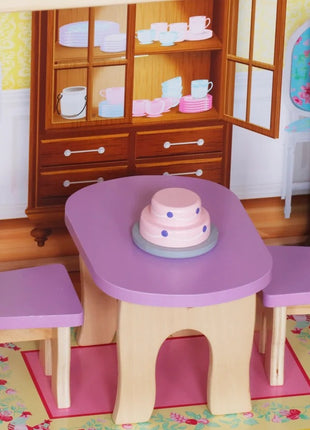 Velika drvena kućica za lutke za decu KINDER HOME Grand Villa, 4 sprata, 28 komada nameštaja i dodatne opreme, više nameštanih soba, otvoreni dizajn