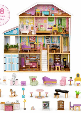 Velika drvena kućica za lutke za decu KINDER HOME Grand Villa, 4 sprata, 28 komada nameštaja i dodatne opreme, više nameštanih soba, otvoreni dizajn