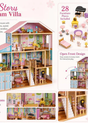 Velika drvena kućica za lutke za decu KINDER HOME Grand Villa, 4 sprata, 28 komada nameštaja i dodatne opreme, više nameštanih soba, otvoreni dizajn