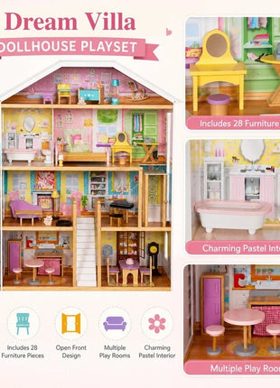Velika drvena kućica za lutke za decu KINDER HOME Grand Villa, 4 sprata, 28 komada nameštaja i dodatne opreme, više nameštanih soba, otvoreni dizajn