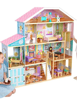 Velika drvena kućica za lutke za decu KINDER HOME Grand Villa, 4 sprata, 28 komada nameštaja i dodatne opreme, više nameštanih soba, otvoreni dizajn