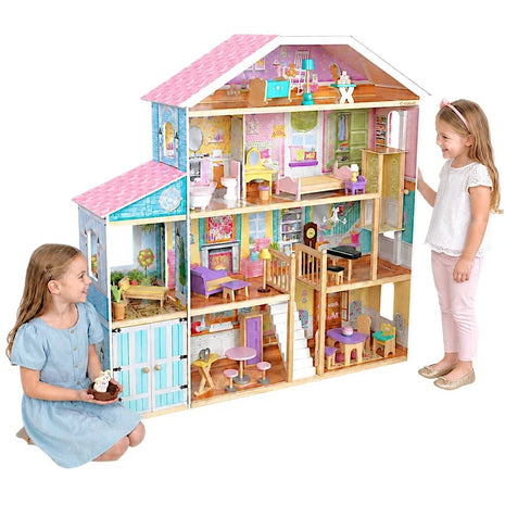 Velika drvena kućica za lutke za decu KINDER HOME Grand Villa, 4 sprata, 28 komada nameštaja i dodatne opreme, više nameštanih soba, otvoreni dizajn