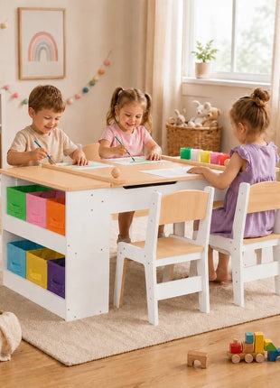 KINDER HOME 3 u 1 dečiji drveni sto sa 2 stolice, tablom za crtanje, organizatorom i rolnom papira