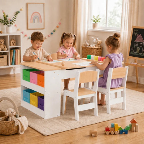 KINDER HOME 3 u 1 dečiji drveni sto sa 2 stolice, tablom za crtanje, organizatorom i rolnom papira