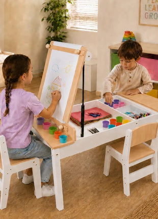 KINDER HOME 3 u 1 dečiji drveni sto sa 2 stolice, tablom za crtanje, organizatorom i rolnom papira
