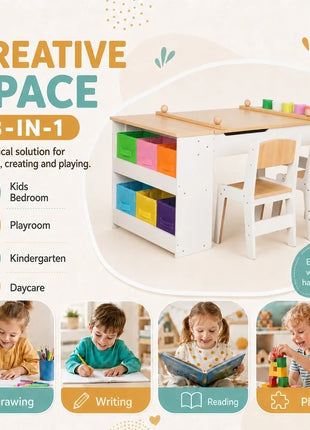 KINDER HOME 3 u 1 dečiji drveni sto sa 2 stolice, tablom za crtanje, organizatorom i rolnom papira
