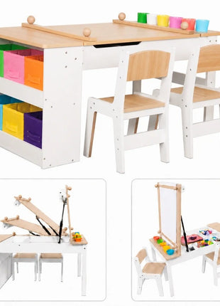 KINDER HOME 3 u 1 dečiji drveni sto sa 2 stolice, tablom za crtanje, organizatorom i rolnom papira