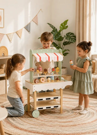 Dečiji drveni stalak prodavnica sladoleda KINDER HOME na točkovima, Montesori igračka