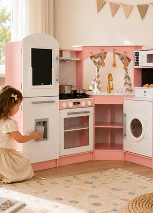 Velika dečija drvena kuhinja KINDER HOME, ugao sa sudoperom sa tekućom vodom, zvukom i svetlom, frižiderom, mikrotalasnom pećnicom, mašinom za veš, prozorom, zavesama i dodacima