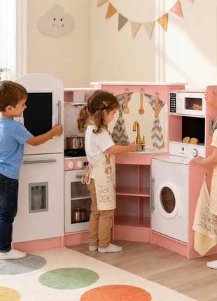 Velika dečija drvena kuhinja KINDER HOME, ugao sa sudoperom sa tekućom vodom, zvukom i svetlom, frižiderom, mikrotalasnom pećnicom, mašinom za veš, prozorom, zavesama i dodacima