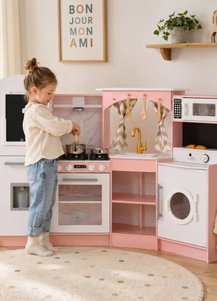 Velika dečija drvena kuhinja KINDER HOME, ugao sa sudoperom sa tekućom vodom, zvukom i svetlom, frižiderom, mikrotalasnom pećnicom, mašinom za veš, prozorom, zavesama i dodacima
