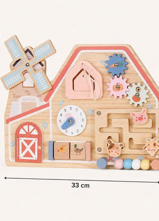 Crvena Montesori aktivna tabla KINDER HOME, farma sa mlinom, lavirintom, satom i zupčanicima