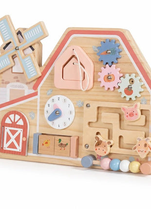 Crvena Montesori aktivna tabla KINDER HOME, farma sa mlinom, lavirintom, satom i zupčanicima