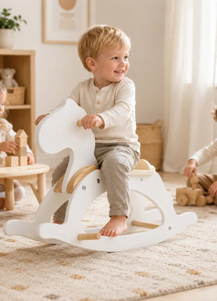 Dečiji drveni konj za ljuljanje KINDER HOME, beli, puno drvo, Montesori igračka