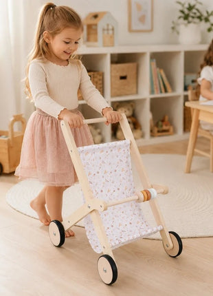 Dečija drvena kolica za lutke KINDER HOME sa mekom tekstilnom korpom, prirodno drvo