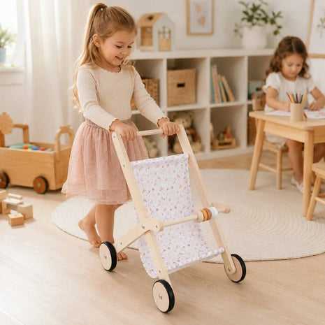 Dečija drvena kolica za lutke KINDER HOME sa mekom tekstilnom korpom, prirodno drvo