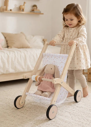 Dečija drvena kolica za lutke KINDER HOME sa mekom tekstilnom korpom, prirodno drvo