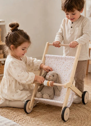 Dečija drvena kolica za lutke KINDER HOME sa mekom tekstilnom korpom, prirodno drvo