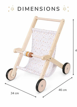 Dečija drvena kolica za lutke KINDER HOME sa mekom tekstilnom korpom, prirodno drvo