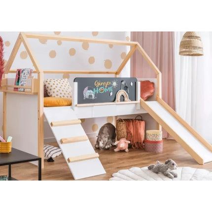 Kućica za dječji krevet KINDER HOME, Montesori, dvospratna, tobogan, crna tabla, ram dušeka 90k200 cm