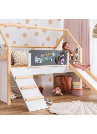 Kućica za dečiji krevet KINDER HOME, Montesori, dvospratna, tobogan, crna tabla, ram dušeka 90k200 cm
