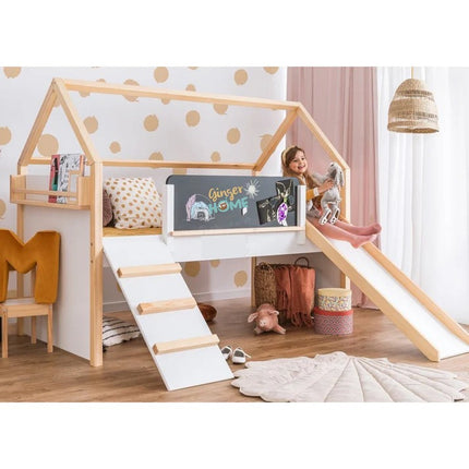 Kućica za dječji krevet KINDER HOME, Montesori, dvospratna, tobogan, crna tabla, ram dušeka 90k200 cm