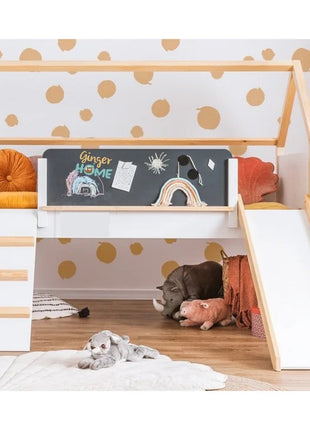 Kućica za dečiji krevet KINDER HOME, Montesori, dvospratna, tobogan, crna tabla, ram dušeka 90k200 cm