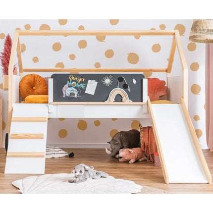 Kućica za dječji krevet KINDER HOME, Montesori, dvospratna, tobogan, crna tabla, ram dušeka 90k200 cm