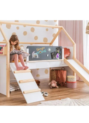 Kućica za dečiji krevet KINDER HOME, Montesori, dvospratna, tobogan, crna tabla, ram dušeka 90k200 cm
