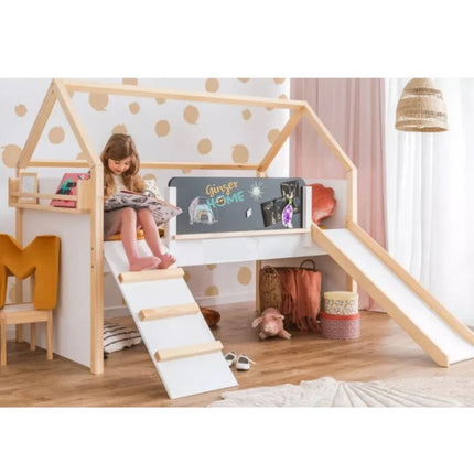 Kućica za dječji krevet KINDER HOME, Montesori, dvospratna, tobogan, crna tabla, ram dušeka 90k200 cm