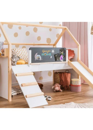 Kućica za dečiji krevet KINDER HOME, Montesori, dvospratna, tobogan, crna tabla, ram dušeka 90k200 cm