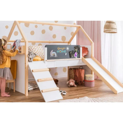 Kućica za dječji krevet KINDER HOME, Montesori, dvospratna, tobogan, crna tabla, ram dušeka 90k200 cm