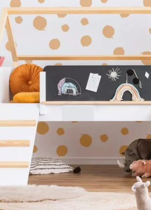 Kućica za dečiji krevet KINDER HOME, Montesori, dvospratna, tobogan, crna tabla, ram dušeka 90k200 cm