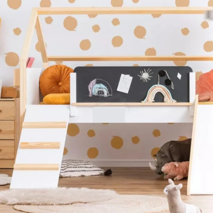 Kućica za dječji krevet KINDER HOME, Montesori, dvospratna, tobogan, crna tabla, ram dušeka 90k200 cm